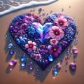 Diamond art painting in purple heart with flowers on the beach.