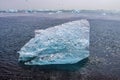 Diamond Beach in Iceland with blue icebergs melting on black sand and ice glistening with sunlight