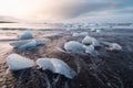 Diamond Beach in Iceland with blue icebergs melting on the black sand and ice glistening with sunrise sun light, tourist looking