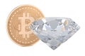 Diamond with bitcoin, 3D rendering