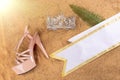 Diamond Crown, High heel shoes, Sash for Princess Miss Pageant Beauty Contest on Sand Beach in Tropical Island beautiful summer Royalty Free Stock Photo