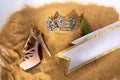 Diamond Crown, High heel shoes, Sash for Princess Miss Pageant Beauty Contest on Sand Beach in Tropical Island beautiful summer Royalty Free Stock Photo