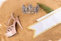 Diamond Crown, High heel shoes, Sash for Princess Miss Pageant Beauty Contest on Sand Beach in Tropical Island beautiful summer Royalty Free Stock Photo