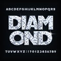 Diamond crystal alphabet font. Ornate shiny letters, numbers and symbols.