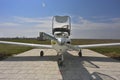 A Diamond DA-40 Diamond Star private small plane after the end of the flight near the parking hangar Royalty Free Stock Photo