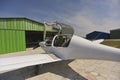 A Diamond DA-40 Diamond Star private small plane after the end of the flight near the parking hangar Royalty Free Stock Photo
