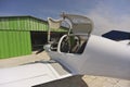 A Diamond DA-40 Diamond Star private small plane after the end of the flight near the parking hangar Royalty Free Stock Photo