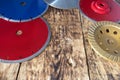 Diamond discs for concrete, reinforced concrete, granite and stone on the background of a wooden old board Royalty Free Stock Photo