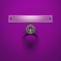 A diamond engagement ring with a blank card to insert your text on a purple background Royalty Free Stock Photo