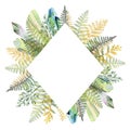 Diamond frame border with hand drawn green and golden tropical fern leaves and watercolor crystals on white background