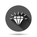 Diamond gem icon in flat style. Gemstone vector illustration on black round background with long shadow effect. Jewelry brilliant