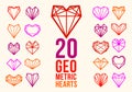 Diamond and gemstone facetted hearts vector icons or logos set, collection of low poly polygonal hearts, jewelry symbol concept,