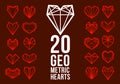 Diamond and gemstone facetted hearts vector icons or logos set, collection of low poly polygonal hearts, jewelry symbol concept,