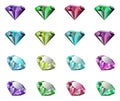 Diamond gemstone vector icons in violet, blue, sky, red, green, yellow and pink color. Set of 16 icons Royalty Free Stock Photo