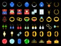 Diamond, gemstones and jewelry related, flat icon set