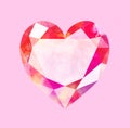 Diamond heart on pink background. Watercolor illustration of low poly heart. Royalty Free Stock Photo