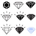 Diamond icon set on white background. black diamond sign. Diamond logo. jewelry gemstones symbol. Blue crystals. flat style