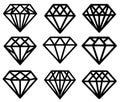 Diamond icons set. Diamond linear symbol. Black diamond silhouette isolated on white Royalty Free Stock Photo
