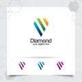 Diamond jewelery logo design vector with concept of digital pixel color. Abstract crystal gem vector illustration