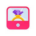 Diamond jewelry golden wedding ring on pink box as app vector icon flat cartoon illustration clipart Royalty Free Stock Photo