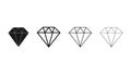 Diamond jewelry icons. Brilliant gemstone in outline black color. Expensive luxury gem. Isolated treasure symbol. Linear set of Royalty Free Stock Photo