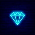 Diamond neon icon. Blue brilliant signboard. Jewelry store emblem. Shiny effect banner. Vector stock illustration