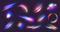 Diamond prism light flares. Crystal caustic light, lens effects and diamond refraction colors overlay vector set