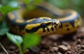 Diamond python coiled on forest floor among green leaves. Yellow and black patterned snake shows detailed scales and eye. Reptile Royalty Free Stock Photo