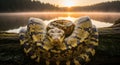 Diamond Python Coiled on a Mossy Log in the Warm Light of Sunset Royalty Free Stock Photo