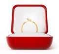 Diamond ring inside open red box. 3D illustration