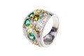 Diamond ring, isolated. Beautiful ring with different color gemstones
