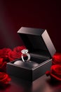 Diamond ring in its box, surrounded by red roses Royalty Free Stock Photo