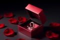 Diamond ring in its box, surrounded by red roses Royalty Free Stock Photo