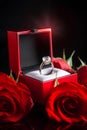 Diamond ring in its box, surrounded by red roses Royalty Free Stock Photo