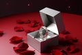 Diamond ring in its box, surrounded by red roses Royalty Free Stock Photo