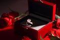 Diamond ring in its box, surrounded by red roses Royalty Free Stock Photo