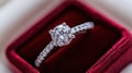 Diamond ring in red velvet box, close-up, soft background Royalty Free Stock Photo
