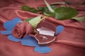 Diamond ring and rose on bright red background Royalty Free Stock Photo