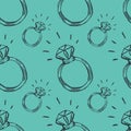 Diamond ring seamless pattern on a turquoise background. Hand-drawn contour illustration. Vector 10 EPS. Royalty Free Stock Photo