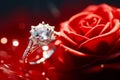 Diamond ring sitting on top of red rose with water droplets. Generative AI Royalty Free Stock Photo