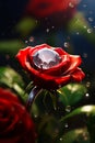 Diamond ring sitting on top of red rose with water droplets. Generative AI Royalty Free Stock Photo