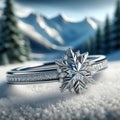 Diamond rings with snowflake design against snowy backdrop