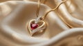 Diamond and ruby heart pendant on satin, a blend of luxury and romance, Ai Generated