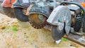 This diamond saw blade used on a concrete cutting machine has sharp teeth which makes clean cuts in concrete. Royalty Free Stock Photo