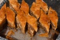 Diamond shape homemade Turkish baklava. Baklava in a metal tray. Baklava with walnut. Cevizli baklava in Turkish