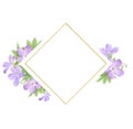 Diamond shaped frame of lilac watercolor geranium flowers isolated on white background. Perfect for logo, design