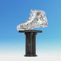 Diamond sports shoes, low poly sneakers with hard edges and shiny faces. On marble pillar pedestal. Isolated