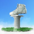 Diamond sports shoes, low poly sneakers with hard edges and shiny faces. On marble pillar pedestal. Isolated