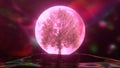 Diamond tree on the background of the moon. Pink neon color. 3d Illustration