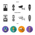 A diamond, a vase on a stand, a surveillance camera, an African mask. Museum set collection icons in black, flat Royalty Free Stock Photo